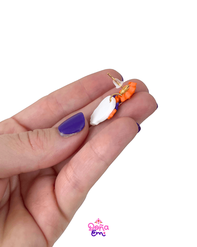 Boucles d'oreilles "Calavera" - Fleurs oranges et violettes, yeux violets