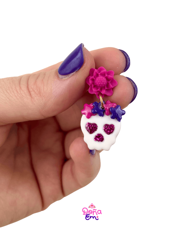 Boucles d'oreilles "Calavera" - Fleurs roses et violettes, yeux roses