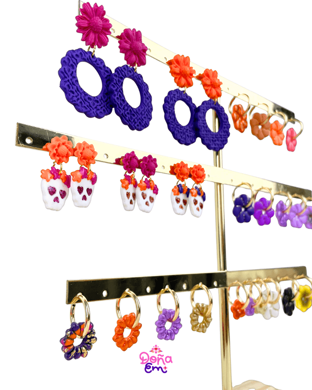 Boucles d'oreilles "Calavera" - Fleurs oranges et violettes, yeux violets
