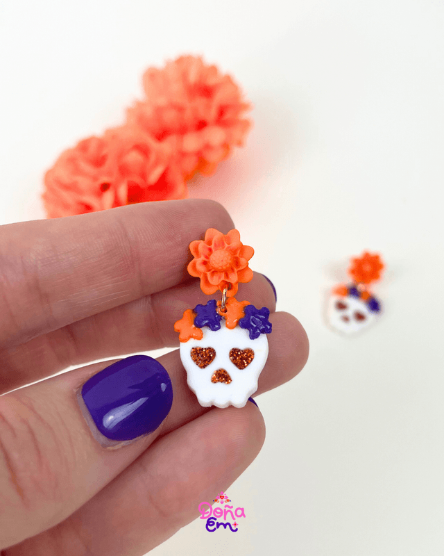 Boucles d'oreilles "Calavera" - Fleurs oranges et violettes, yeux violets