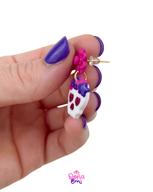 Boucles d'oreilles "Calavera" - Fleurs roses et violettes, yeux roses