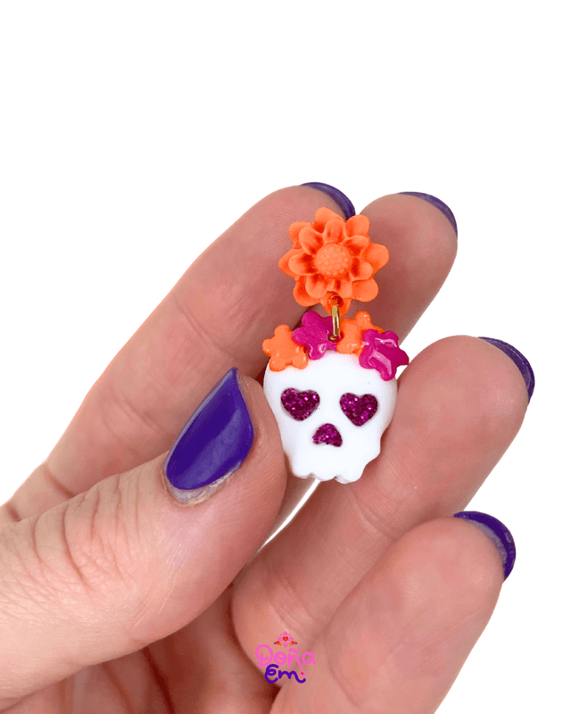 Boucles d'oreilles "Calavera" - Fleurs oranges et roses, yeux roses