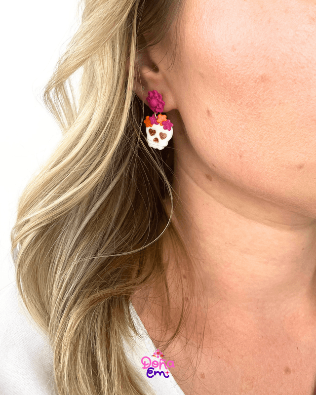 Boucles d'oreilles "Calavera" - Fleurs roses et oranges, yeux oranges