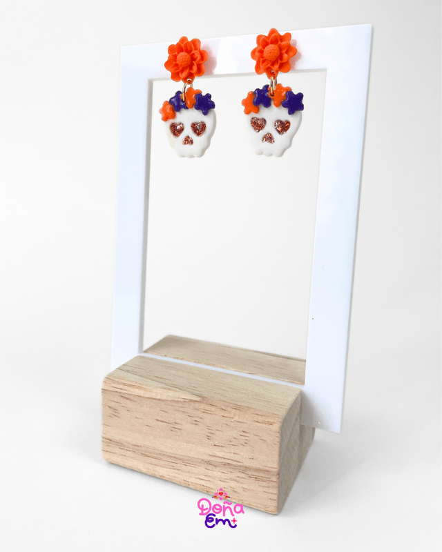 Boucles d'oreilles "Calavera" - Fleurs oranges et violettes, yeux violets
