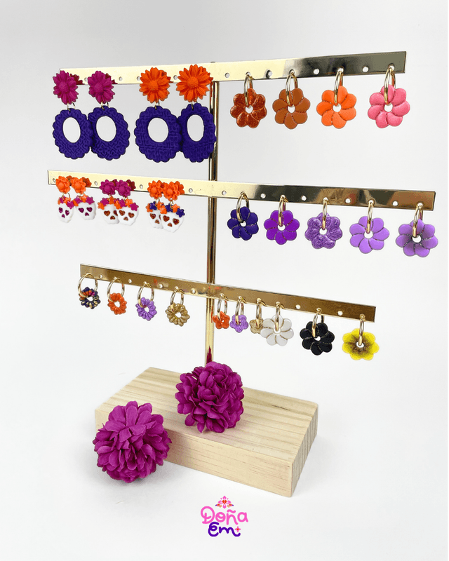 Boucles d'oreilles "Calavera" - Fleurs roses et oranges, yeux oranges