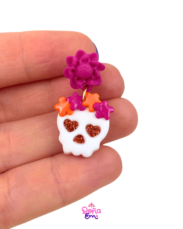Boucles d'oreilles "Calavera" - Fleurs roses et oranges, yeux oranges