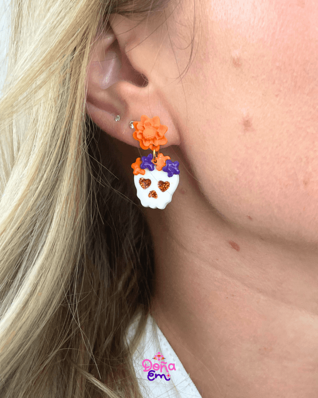 Boucles d'oreilles "Calavera" - Fleurs oranges et violettes, yeux violets