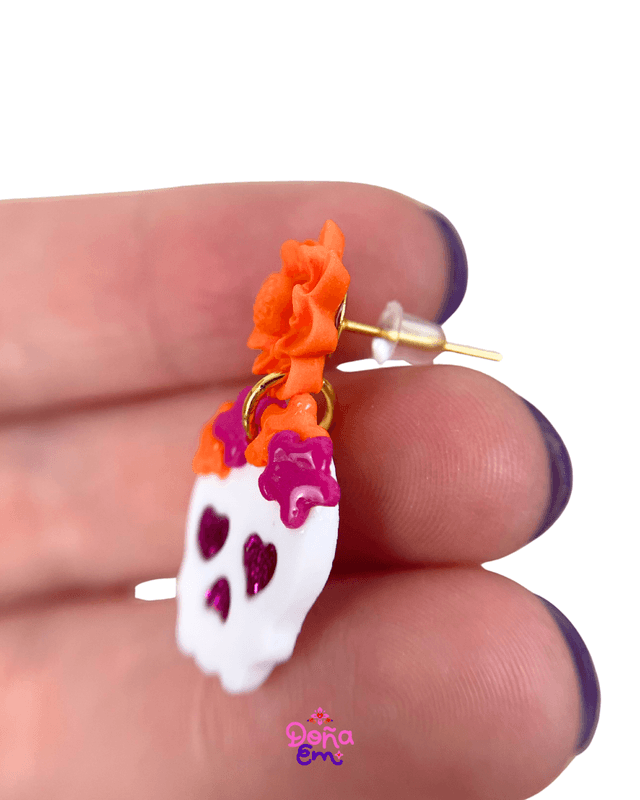 Boucles d'oreilles "Calavera" - Fleurs oranges et roses, yeux roses