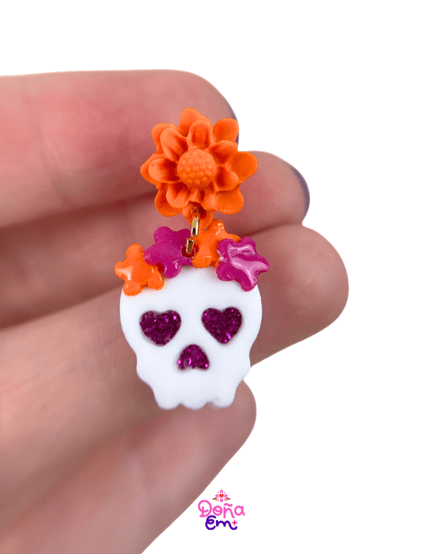 Boucles d'oreilles "Calavera" - Fleurs oranges et roses, yeux roses