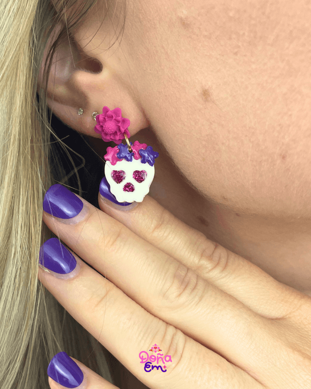 Boucles d'oreilles "Calavera" - Fleurs roses et violettes, yeux roses