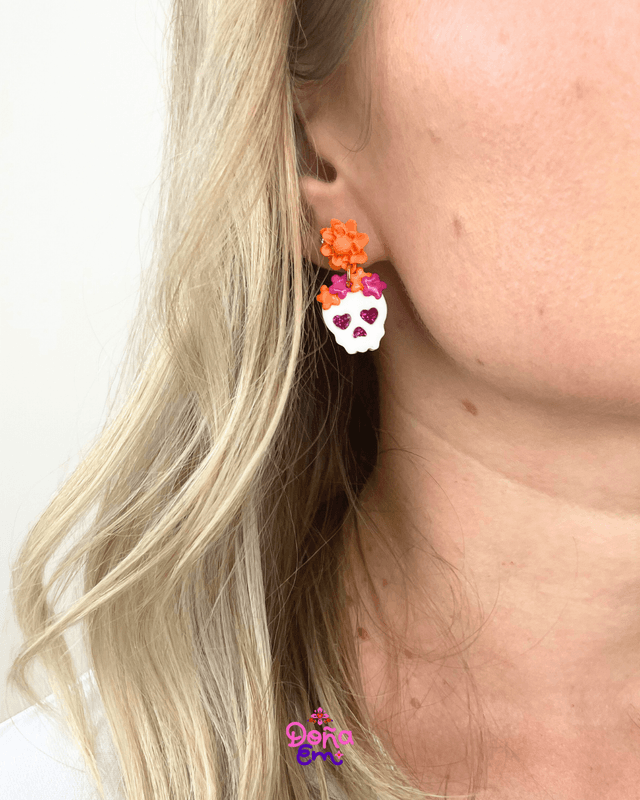 Boucles d'oreilles "Calavera" - Fleurs oranges et roses, yeux roses
