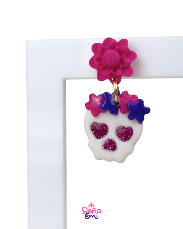 Boucles d'oreilles "Calavera" - Fleurs roses et violettes, yeux roses