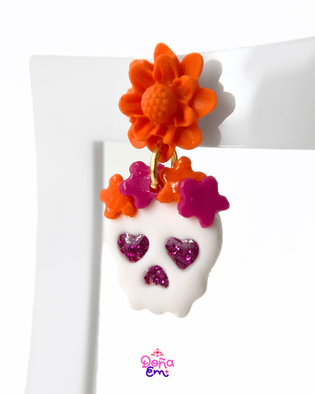 Boucles d&#039;oreilles &quot;Calavera&quot; - Fleurs oranges et roses, yeux roses