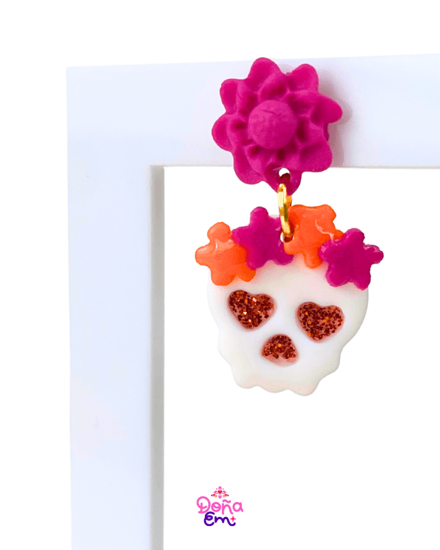 Boucles d&#039;oreilles &quot;Calavera&quot; - Fleurs roses et oranges, yeux oranges