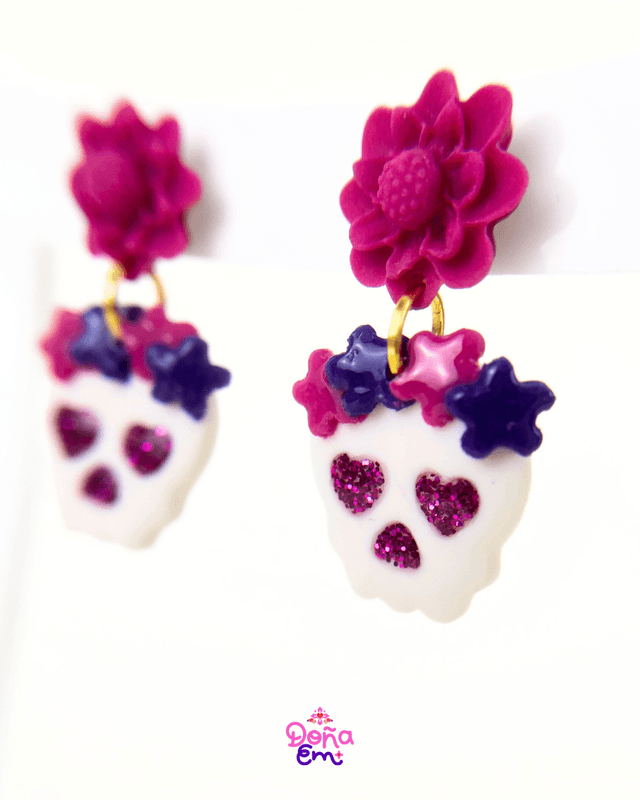 Boucles d&#039;oreilles &quot;Calavera&quot; - Fleurs roses et violettes, yeux roses